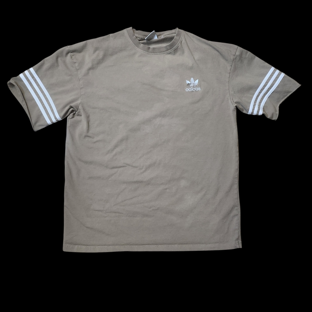 Adidas Men's Beige Tee with White Stripes Distressed Custom Sleeves Baggy Fit